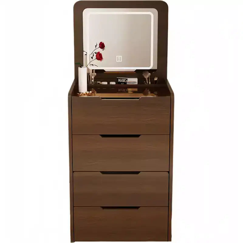 Toeletta 3-in-1 Okak con specchio ribaltabile, toeletta compatta con piano in vetro trasparente e sgabello imbottito, scrivania da toeletta per camera da letto