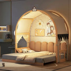 Letto Montessori a piattaforma in legno massello a forma di casetta, con tetto ad arco e letto estraibile, per bambine e bambini