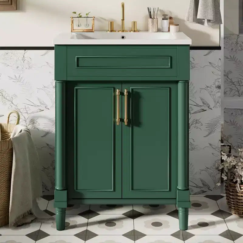 Vanity tal-kamra tal-banju ta’ 24 b’sink taċ-ċeramika, kabinett Shaker, 2 bibien b’għeluq artab u qafas tal-injam solidu għal kamra tal-banju żgħira jew powder room