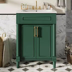 Vanity tal-kamra tal-banju ta’ 24 b’sink taċ-ċeramika, kabinett Shaker, 2 bibien b’għeluq artab u qafas tal-injam solidu għal kamra tal-banju żgħira jew powder room