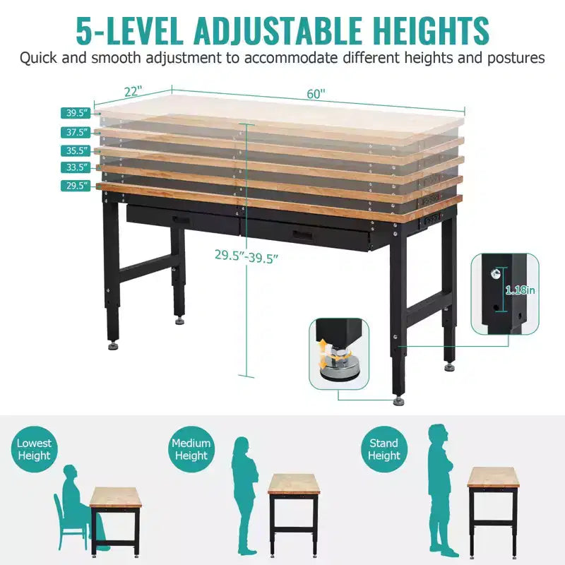 Werkbank van 60 inch, werktafel met rubberhouten blad, 2 laden en gatenbord, verstelbare werkbank voor zwaar gebruik tot 3000 lb met stopcontacten