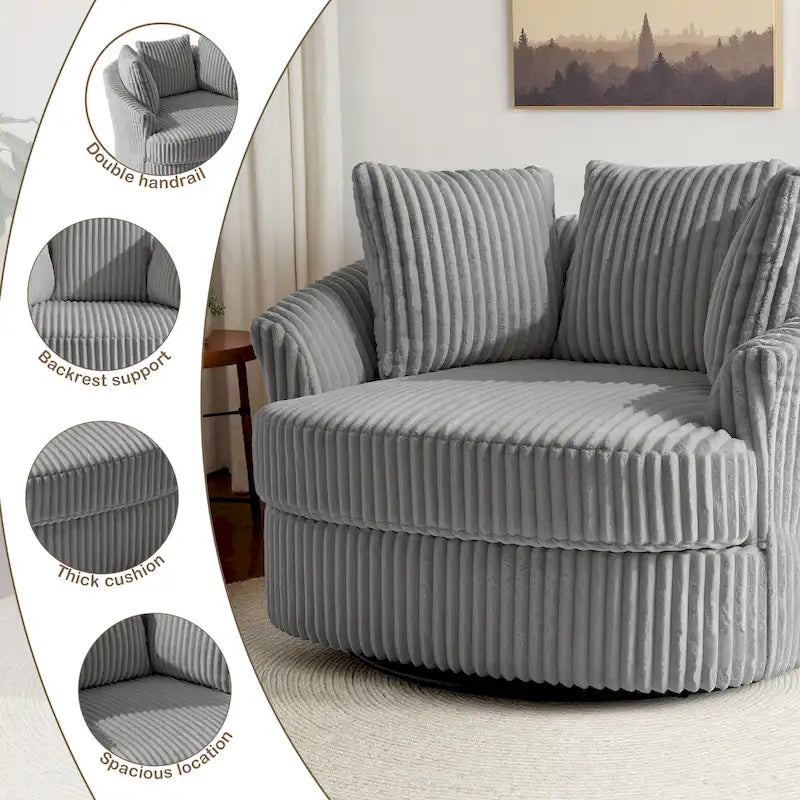 Extra grote 43 W pluche corduroy draaifauteuil met verzonken armleuningen en kuipvorm