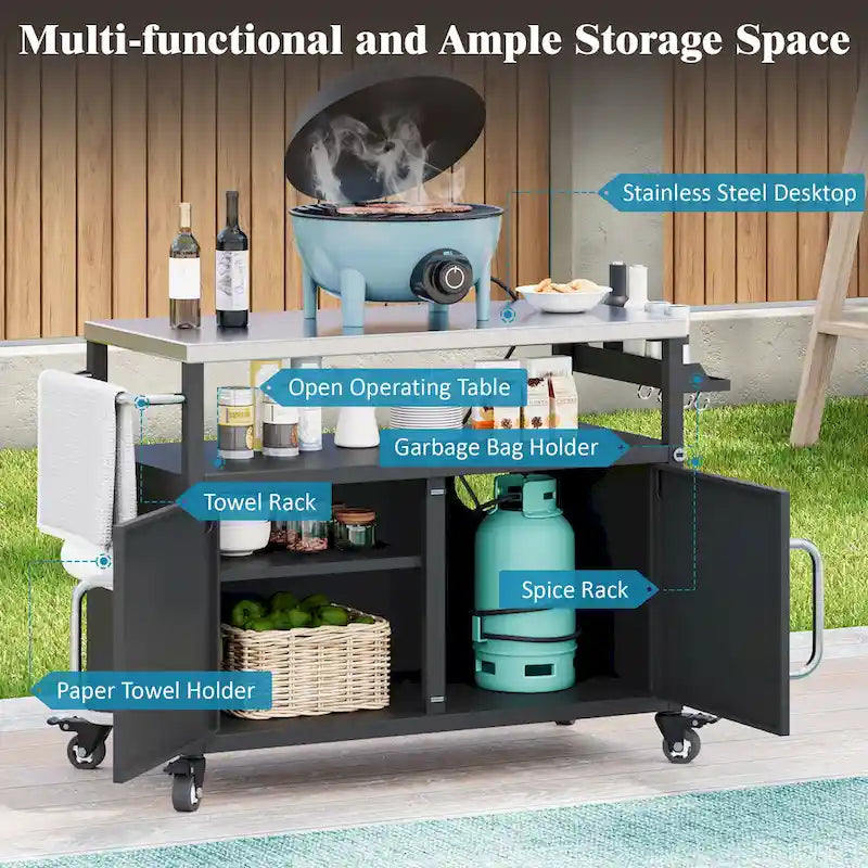 Isola da cucina per esterni con piano in acciaio inox, tavolo carrello per barbecue in metallo con mobiletto contenitore - N/A
