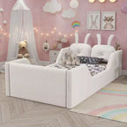 Whisen Twin Platform Bed, Kids Floor Upholstered Bed Frame with Rabbit Cushion, Removable Side Rails