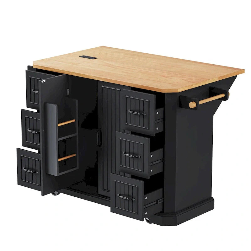Expandable Drop-Leaf Kitchen Island, Kitchen Cart on 4 Wheels with Power Outlet, Moveable Island Table with 2 Door & 6 Drawers