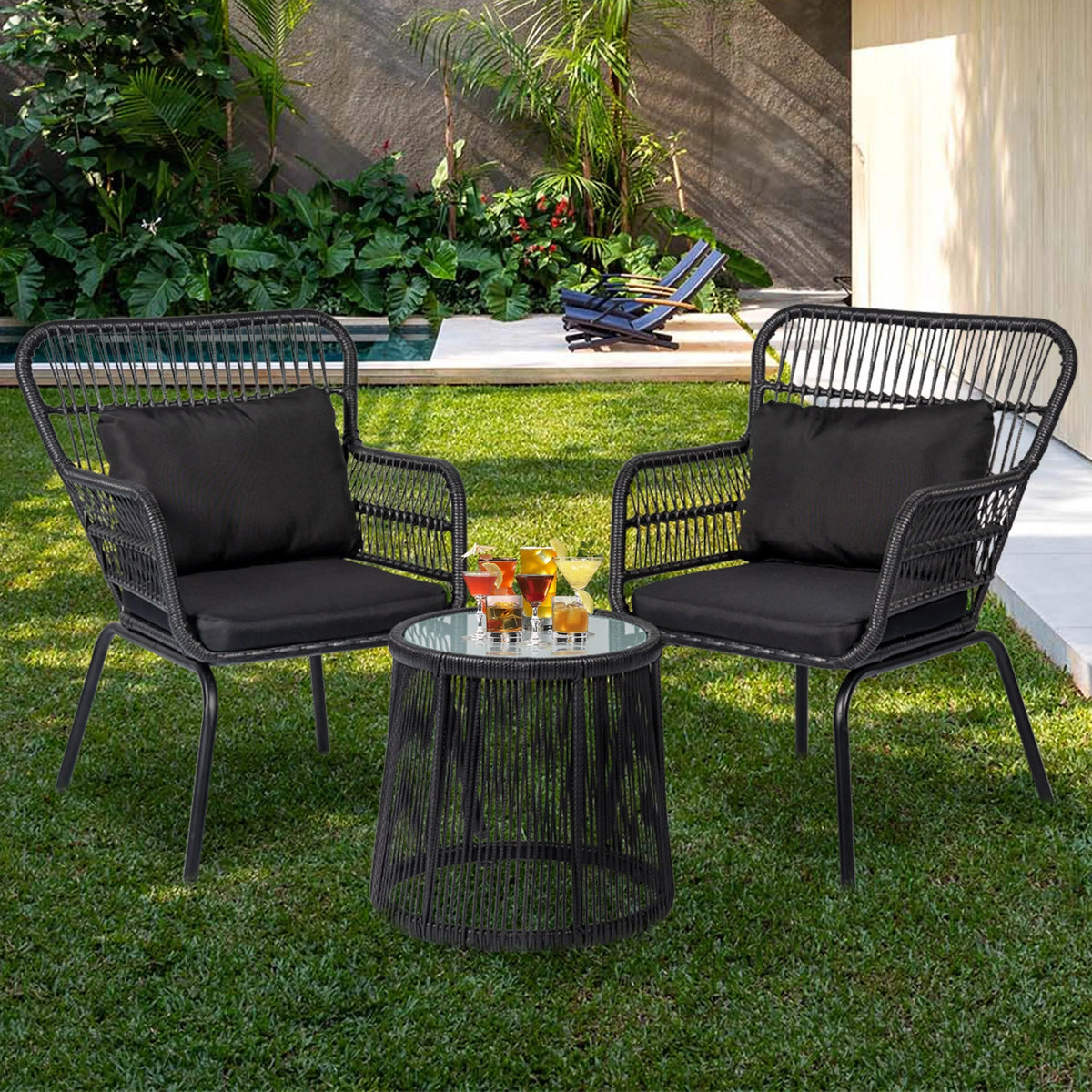 3-teiliges Outdoor-Bistro-Set aus Korbgeflecht, wetterfestes Rattan-Gartenmöbelset mit Stühlen und Sitzkissen