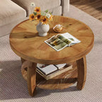 Lantine Solid Wood Round Coffee Table, 2-Tier Center Table with Storage, 31.5 Inch Tabletop with Mosaic Pattern, Easy Assembly, for Living Room, Brown