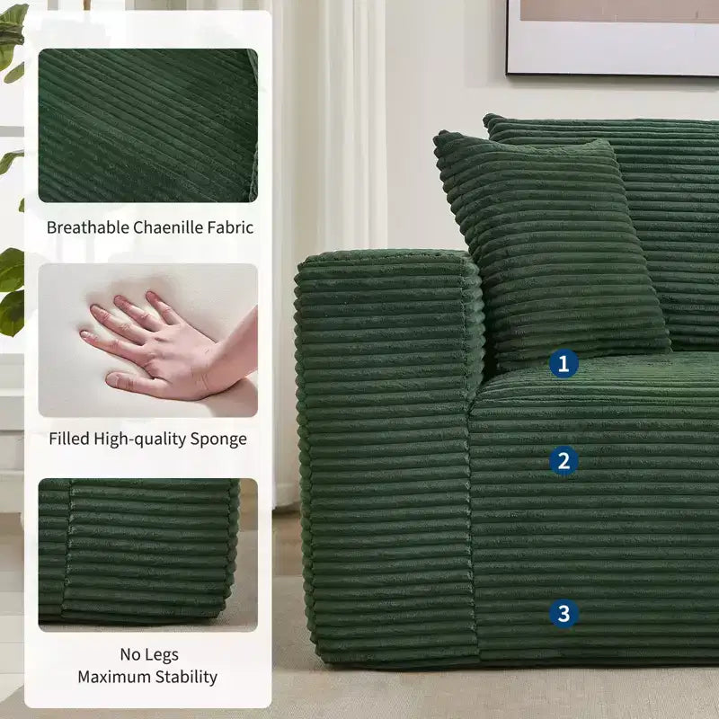 108 modernes Sofa, 3-Sitzer-Sofa in L-Form mit Polsterbezug und Kissen, Sofa mit tiefer Sitzfläche, keine Montage erforderlich