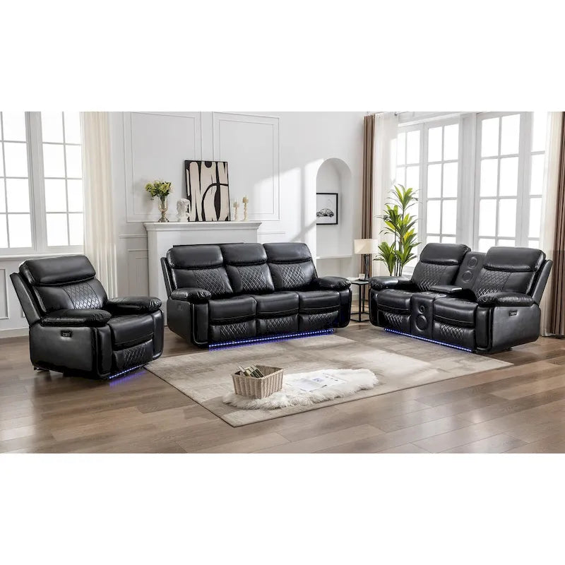Elektrisch verstellbares Sofa mit kabellosem Ladegerät, Leselicht, LED-Beleuchtung für das Wohnzimmer, Kunstleder, AC-/USB-Anschluss, Getränkehalter, Schwarz