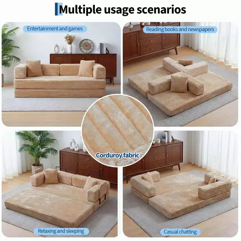 80.7 5-in-1 Convertible Sleeper Sofa Bed 鈥?Corduroy, 1200 lbs, No Assembly