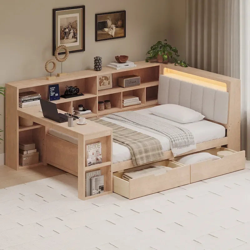 Divano letto in legno a forma di L con scrivania, libreria, letto angolare con cassetti sottoletto, testiera imbottita con luce integrata
