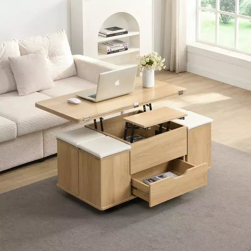 Multifunktionaler moderner Couchtisch mit Liftplatte, verborgenem Stauraum, 4 Hockern und Rollen – perfekt für moderne Wohnbereiche
