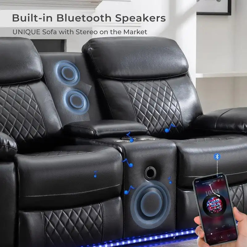 Elektrisch verstellbares Sofa mit kabellosem Ladegerät, Leselicht, LED-Beleuchtung für das Wohnzimmer, Kunstleder, AC-/USB-Anschluss, Getränkehalter, Schwarz