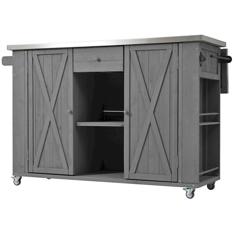 Isola da cucina per esterni in legno di abete rustico con piano in acciaio inox e spazio contenitore intelligente