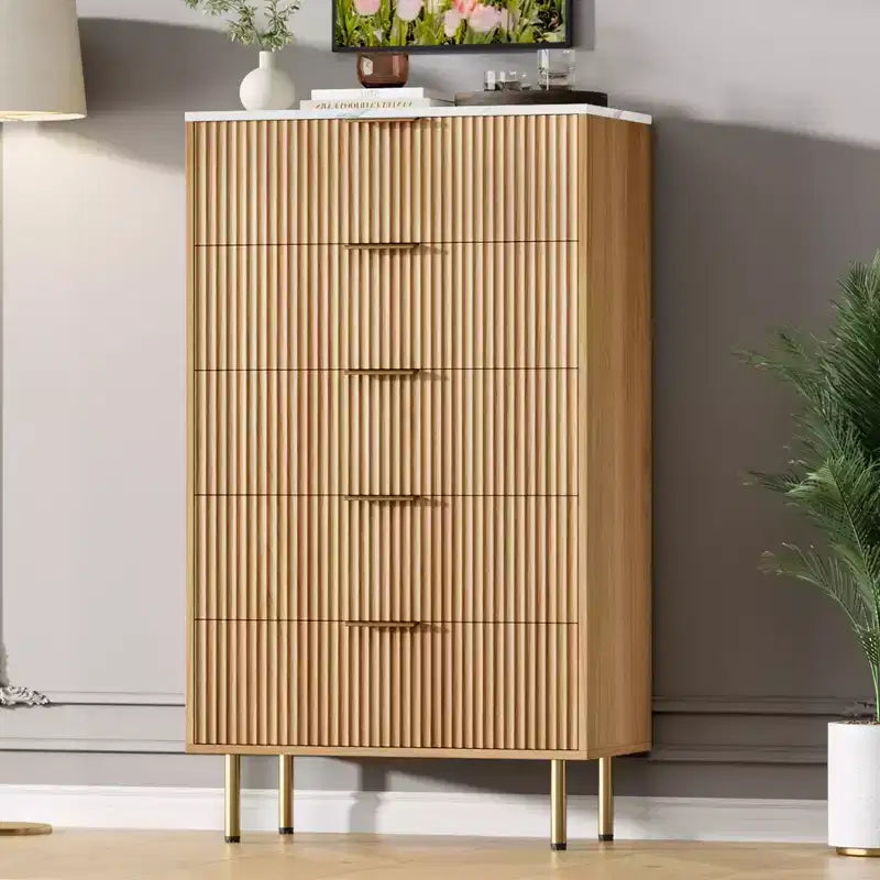 Weiß / Marmor und Holz, Kommode mit 5 Schubladen – geriffelte Front, für 1 Person