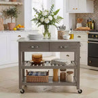 Rollbarer Küchenwagen mit Marmorplatte, Kücheninsel aus Massivholz mit 2 Schubladen, 3-stufiger Küchenwagen mit feststellbaren abnehmbaren Rädern und Handtuchhalter