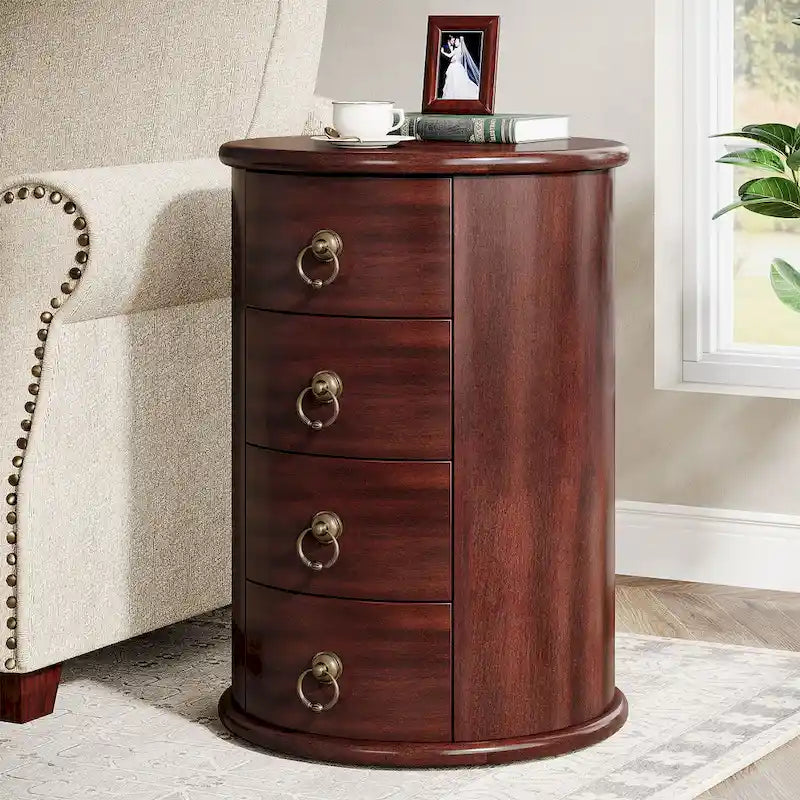 Tavolino laterale in legno massello senza montaggio, con cassetti rotondi in stile vintage