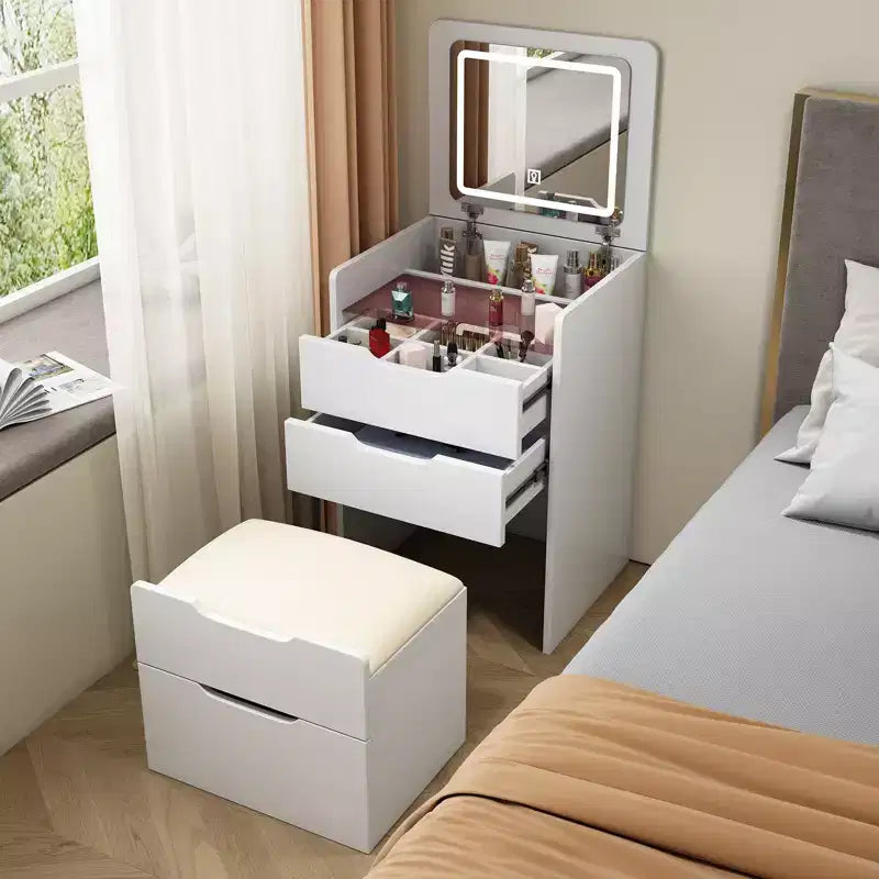 Toeletta 3-in-1 Okak con specchio ribaltabile, toeletta compatta con piano in vetro trasparente e sgabello imbottito, scrivania da toeletta per camera da letto