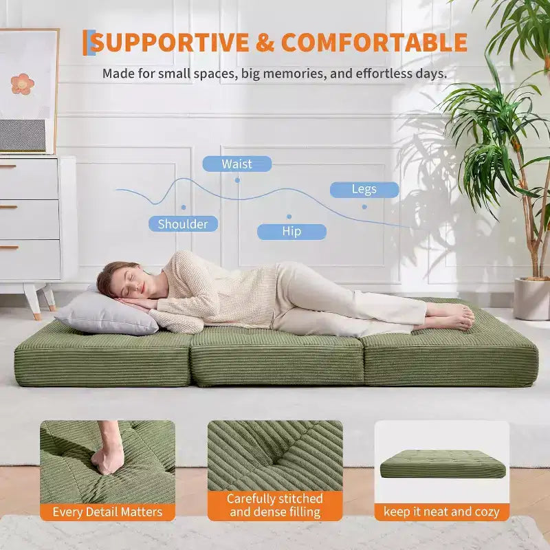 Divano letto con materasso pieghevole a tre sezioni SunnyFurn da 15 cm, 190,5 x 138 cm, letto per ospiti pieghevole in schiuma con velluto a coste trapuntato, portatile per campeggio, soggiorno e camera da letto