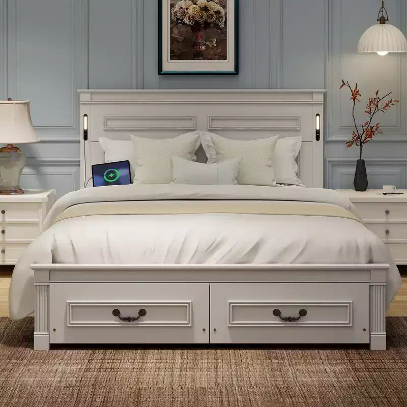 ModernLuxe Plattformbett in Queen-/King-Size mit hohem Kopfteil, rustikaler Bettrahmen aus Holz mit 2 Schubladen, LED-Leuchten und USB-Anschlüssen