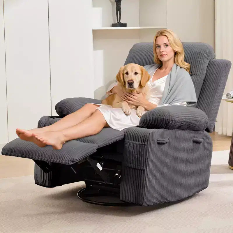 Poltrona reclinabile a dondolo girevole a 360° oversize con massaggio e calore - sedia lounge ergonomica con portabicchieri e tasche laterali per soggiorno e cameretta