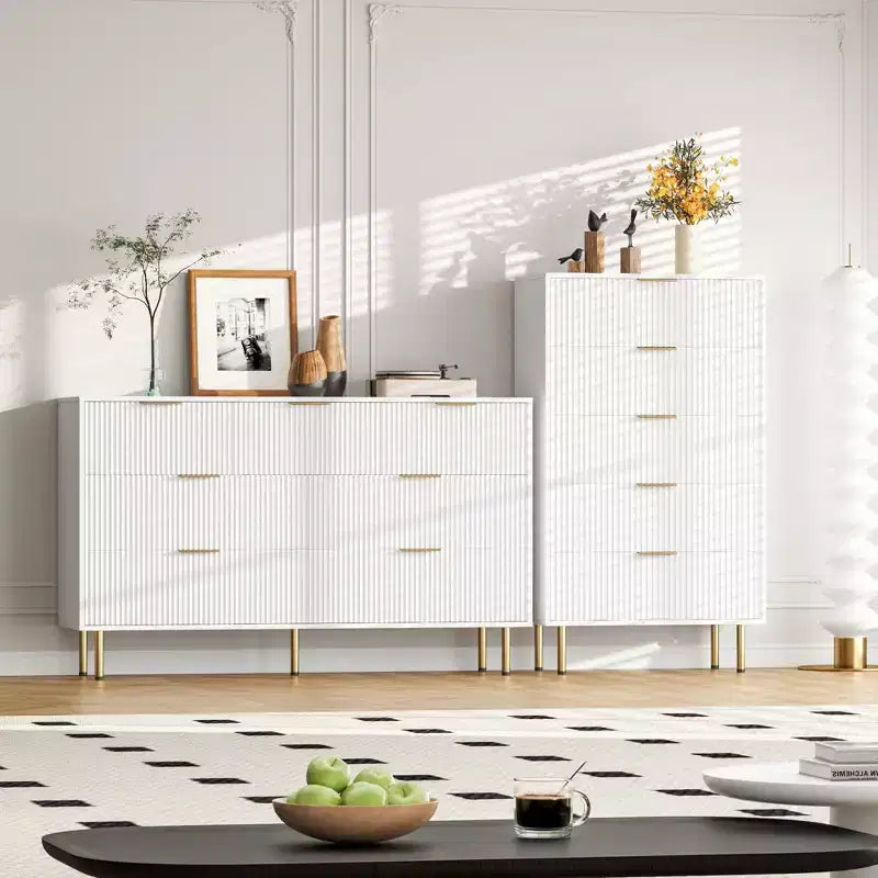 Weiß / Marmor und Holz, Kommode mit 5 Schubladen – geriffelte Front, für 1 Person