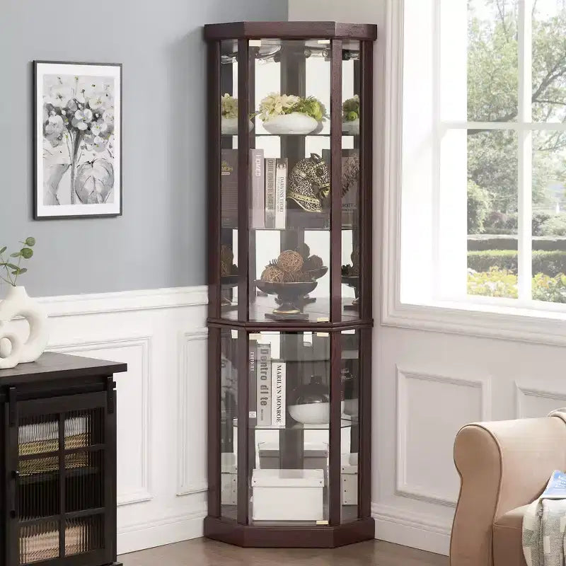 Eck-Vitrinenschrank mit Glastüren und Einlegeböden, Eckvitrine für das Wohnzimmer