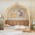 Letto Montessori a piattaforma in legno massello a forma di casetta, con tetto ad arco e letto estraibile, per bambine e bambini