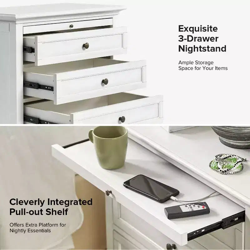 Comodino Giorgio con 3 cassetti e prese integrate, set da 2|HULALA HOME