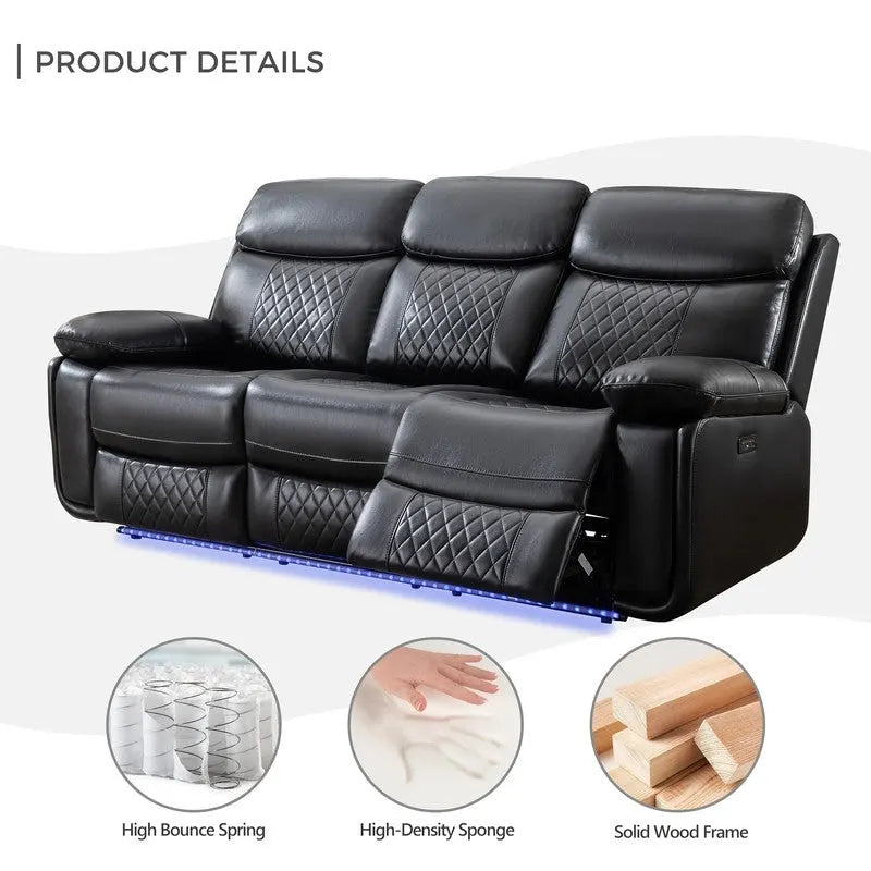 Elektrisch verstellbares Sofa mit kabellosem Ladegerät, Leselicht, LED-Beleuchtung für das Wohnzimmer, Kunstleder, AC-/USB-Anschluss, Getränkehalter, Schwarz