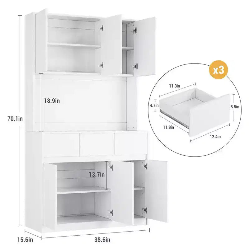 Keukenkast van 71 inch, opbergkast met bovenkast, ledverlichting en stopcontacten, buffetkast met magnetronstandaard en verstelbare planken