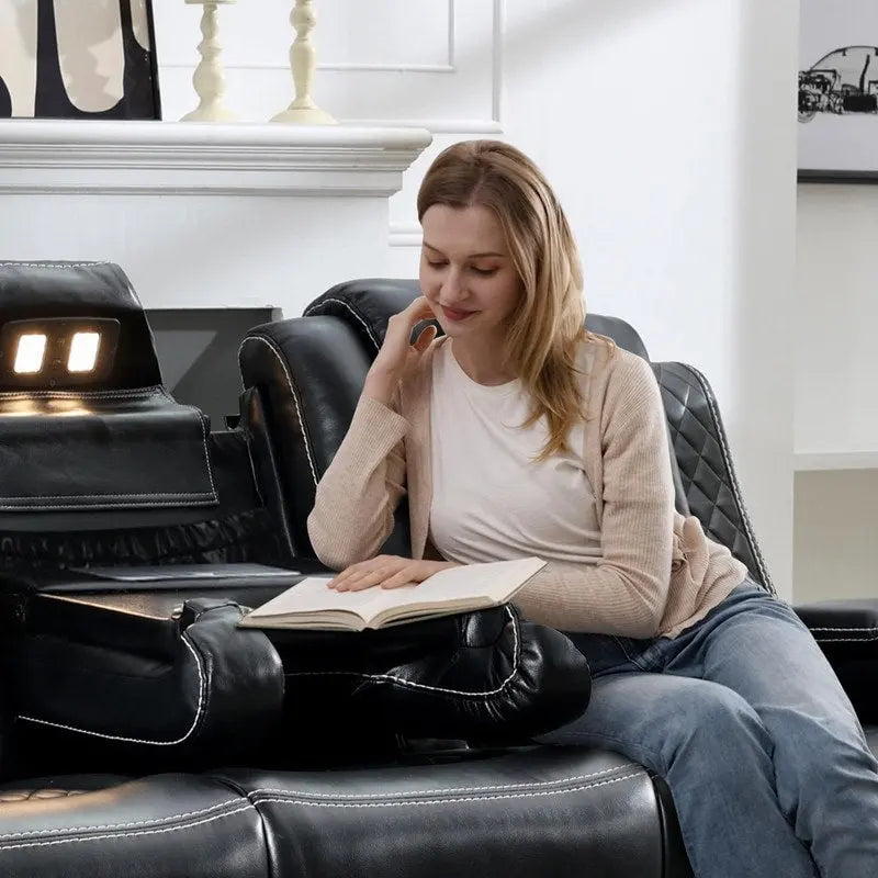 Divano reclinabile elettrico con caricatore wireless, luce da lettura per il soggiorno, similpelle, luce LED, porta AC/USB, portabicchieri, nero