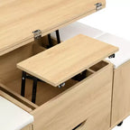 Multifunktionaler moderner Couchtisch mit Liftplatte, verborgenem Stauraum, 4 Hockern und Rollen – perfekt für moderne Wohnbereiche