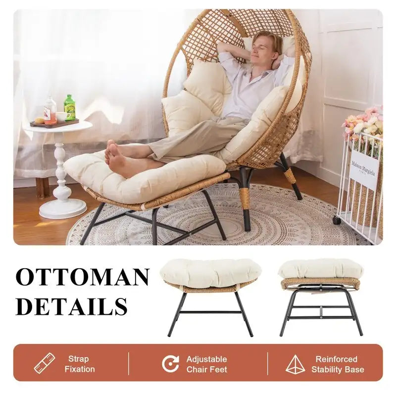 Sedia a uovo da interno FINCATI, sedia a uovo da esterno da 440 libbre, sedia a uovo oversize con pouf, sedia a uovo di lusso e confortevole con poggiapiedi