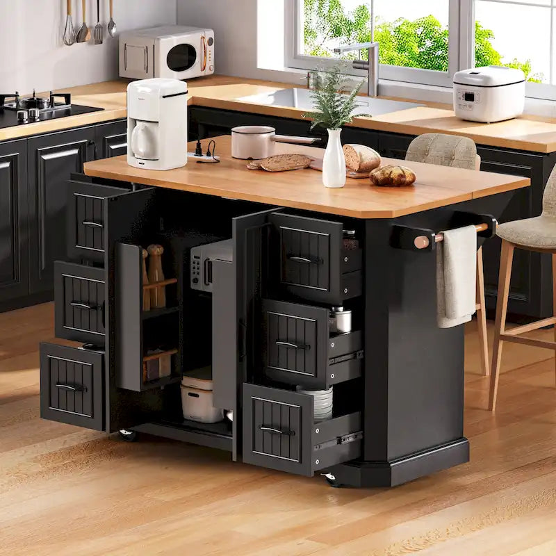 Expandable Drop-Leaf Kitchen Island, Kitchen Cart on 4 Wheels with Power Outlet, Moveable Island Table with 2 Door & 6 Drawers