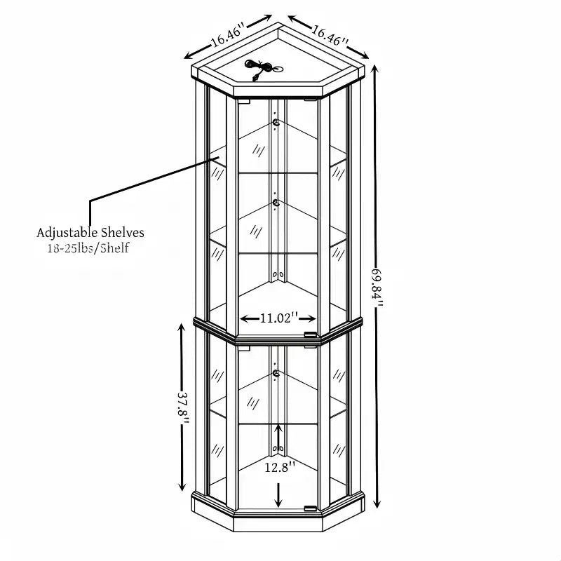 Eck-Vitrinenschrank mit Glastüren und Einlegeböden, Eckvitrine für das Wohnzimmer