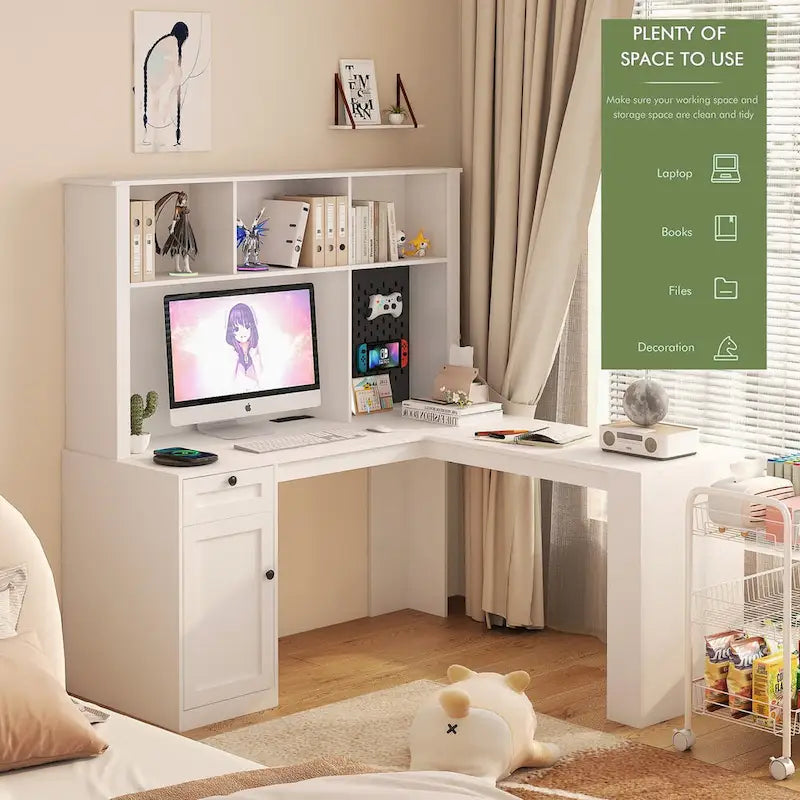 L-vormig bureau met stopcontact, computerbureau met laden, boekenkast en opzetkast, modern hoekbureau, bureau voor thuiskantoor