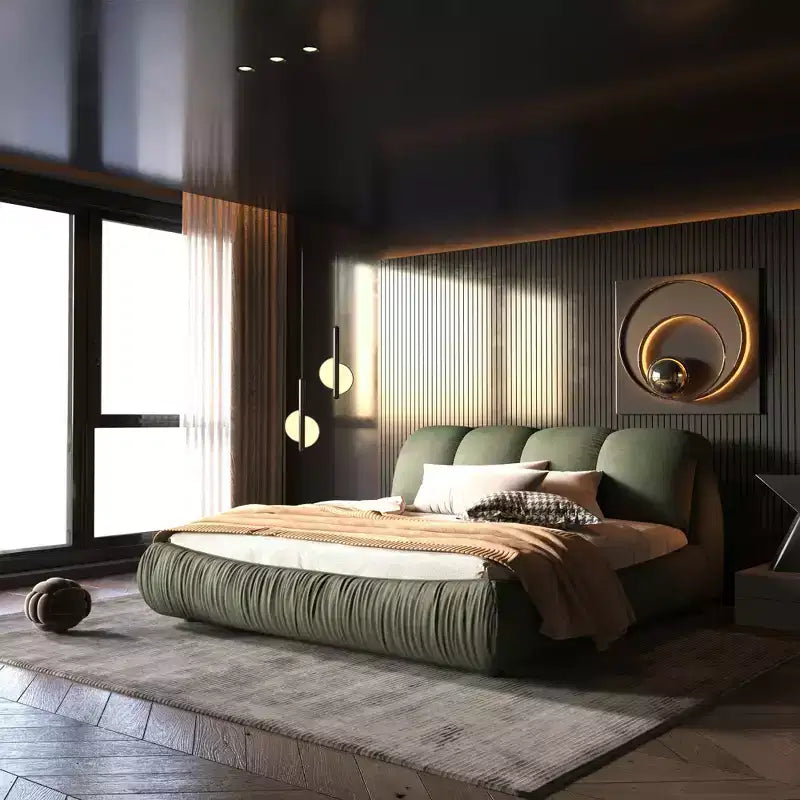 Letto matrimoniale contenitore imbottito di lusso MAYEERTY con testiera imbottita oversize e struttura in legno massello, verde