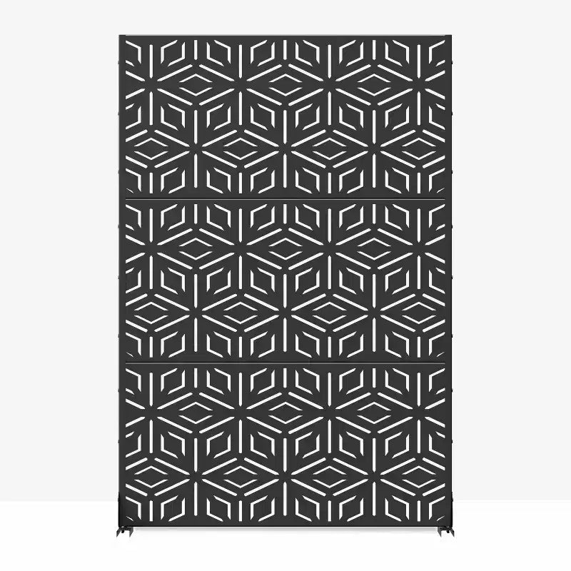 3-Panel Room Divider Screen with Geometric Pattern – Black Galvanized Steel