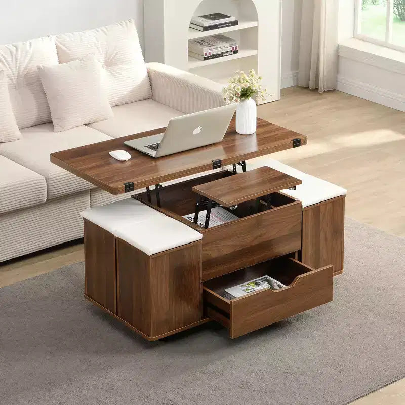 Multifunktionaler moderner Couchtisch mit Liftplatte, verborgenem Stauraum, 4 Hockern und Rollen – perfekt für moderne Wohnbereiche