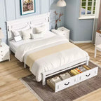 ModernLuxe Queen/King Size Platform Bed with Tall Headboard, Rustic Wood Bed Frame with 2 Drawers, LED Lights & USB Ports