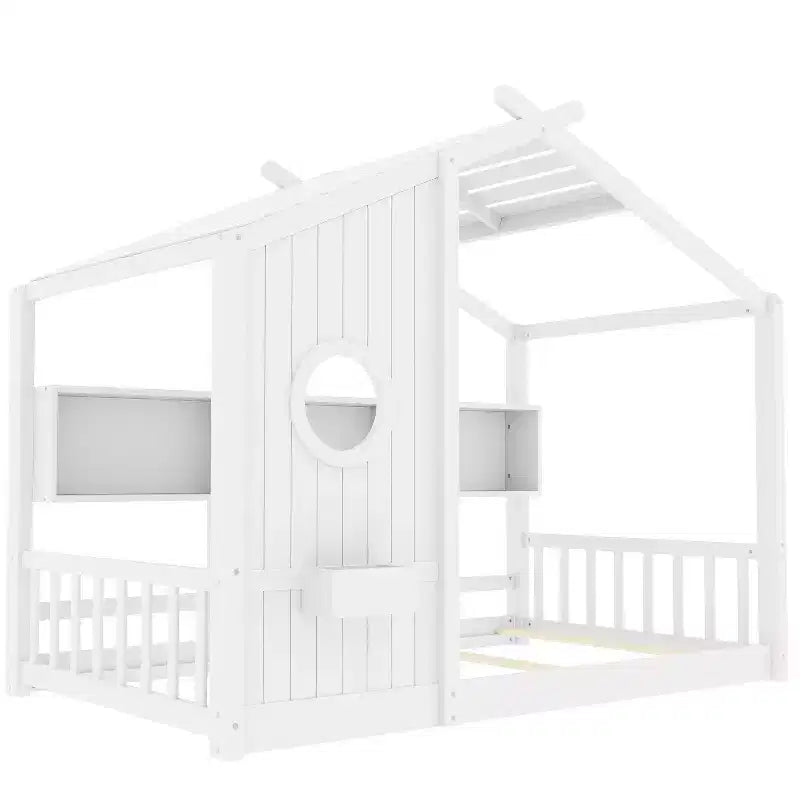 Huisvormig platformbed voor eenpersoonsbed/tweepersoonsbed, peuter-vloerbed, Montessori-kinderbed en speelhuisbed met opbergplank - ModernLuxe