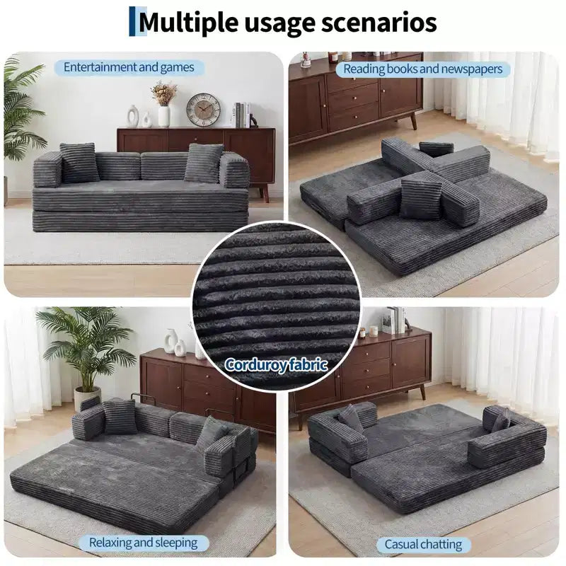 80.7 5-in-1 Convertible Sleeper Sofa Bed 鈥?Corduroy, 1200 lbs, No Assembly