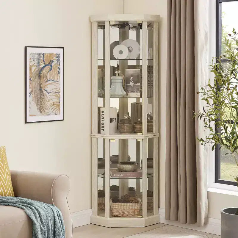 Eck-Vitrinenschrank mit Glastüren und Einlegeböden, Eckvitrine für das Wohnzimmer