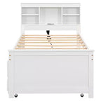 Platform Bed with Trundle and Drawers, Storage Platform Bed with USB, Wood Platform Bed with Bookcase
