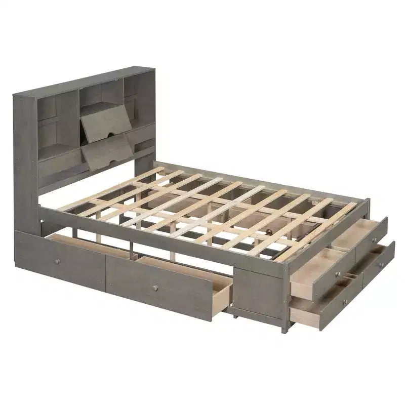 Letto matrimoniale con base a piattaforma, ripiano contenitore e 8 cassetti, facile da montare