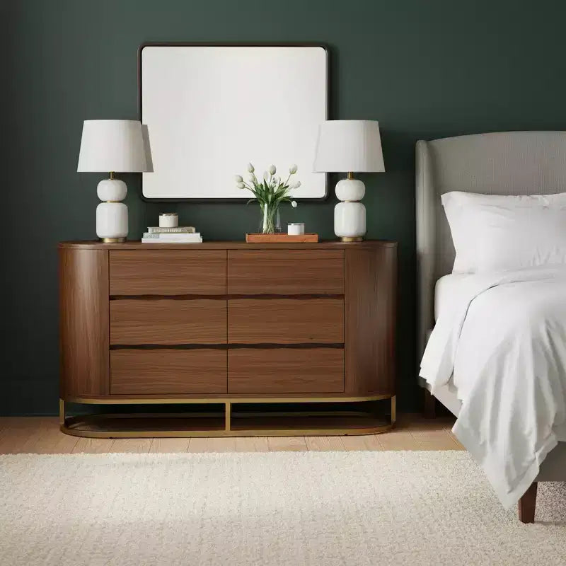 Cassettiera moderna a 6 cassetti con design a bordo vivo, base in metallo e struttura resistente in legno misto