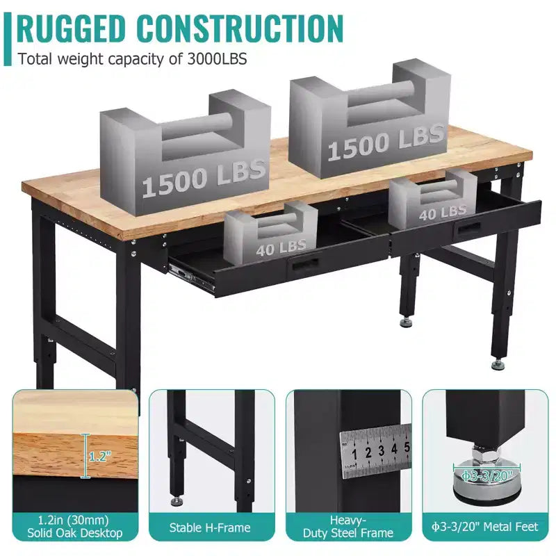 Werkbank van 60 inch, werktafel met rubberhouten blad, 2 laden en gatenbord, verstelbare werkbank voor zwaar gebruik tot 3000 lb met stopcontacten