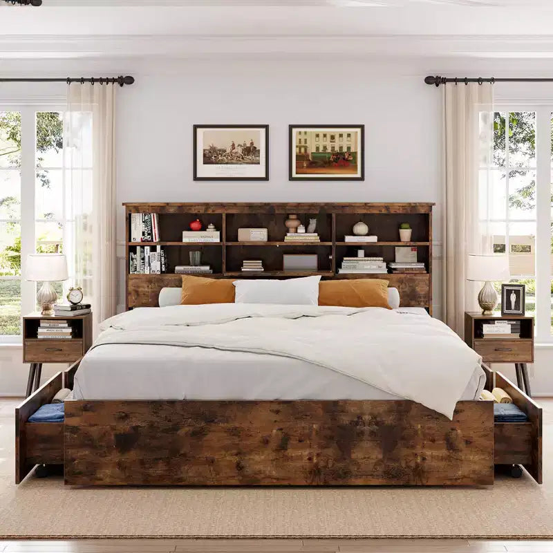 Qafas ta’ sodda Full b’headboard għall-ħażna, qafas tas-sodda tal-injam b’4 kxaxen, librerija għall-ħażna u sodda b’pjattaforma ta’ daqs King b’appoġġ qawwi tal-metall