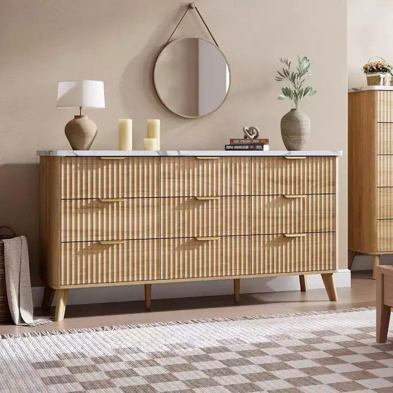 Dressoir met 9 laden en geribbelde voorkant, moderne ladekast, houten dressoir/TV-meubel met gebogen profiel, voor woonkamer of hal